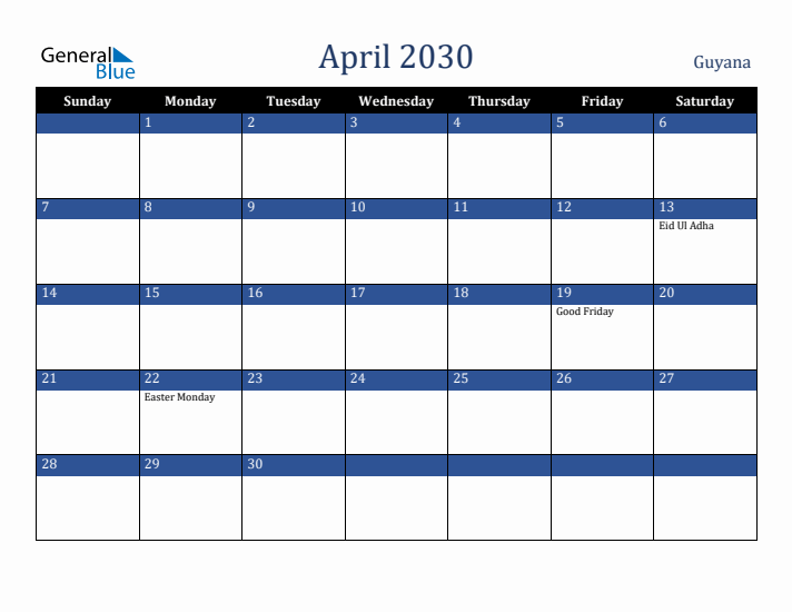 April 2030 Guyana Calendar (Sunday Start)