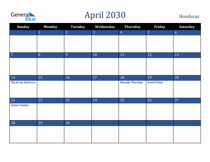 April 2030 Honduras Calendar (Sunday Start)