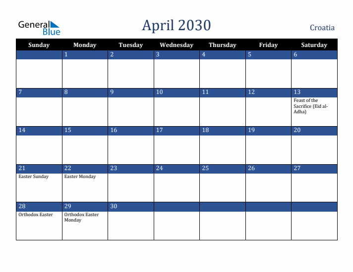 April 2030 Croatia Calendar (Sunday Start)