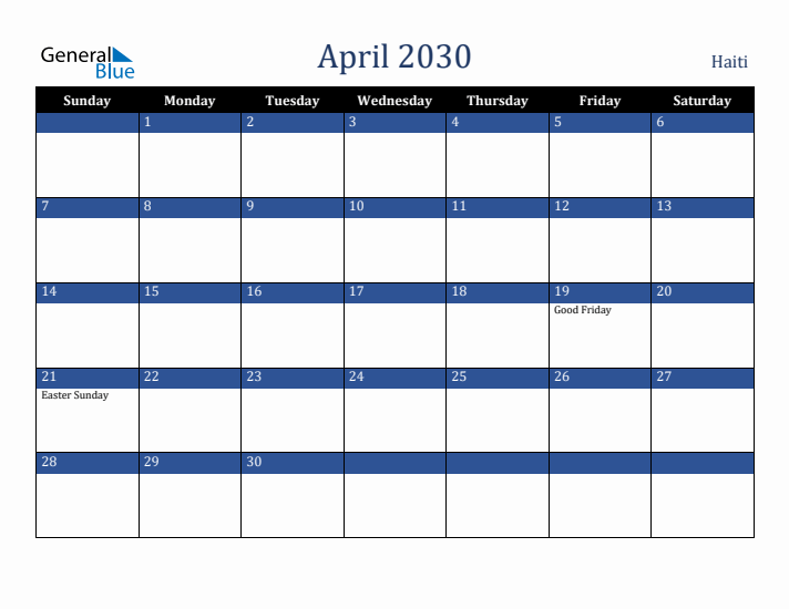 April 2030 Haiti Calendar (Sunday Start)