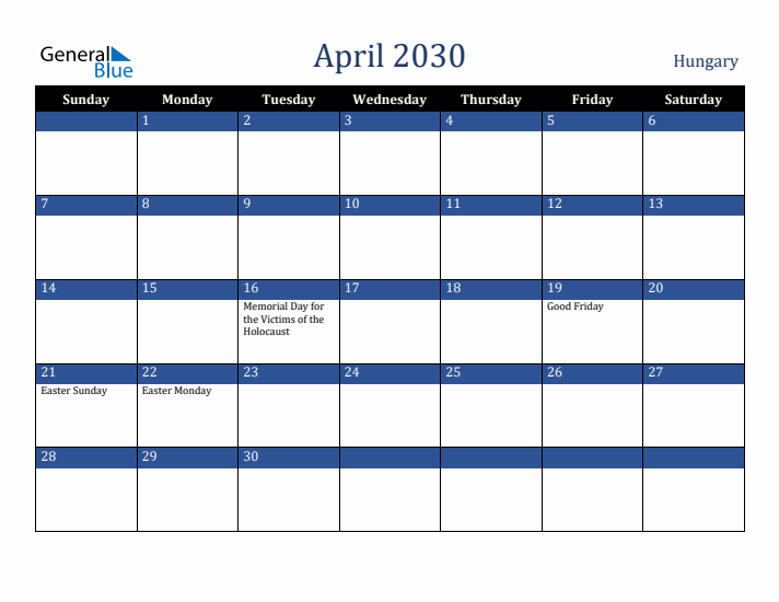 April 2030 Hungary Calendar (Sunday Start)