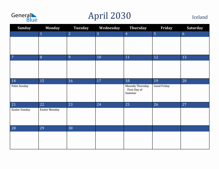 April 2030 Iceland Calendar (Sunday Start)