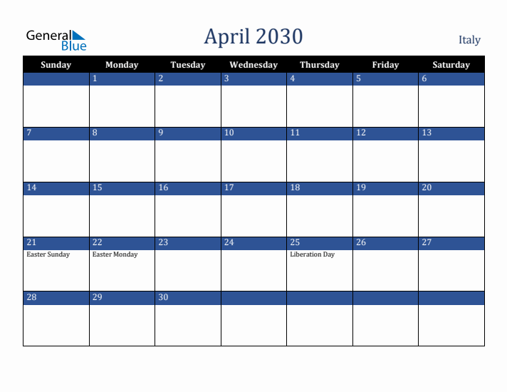 April 2030 Italy Calendar (Sunday Start)