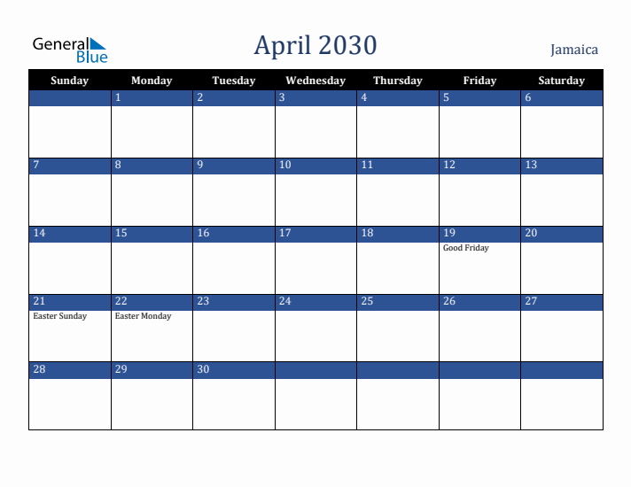 April 2030 Jamaica Calendar (Sunday Start)