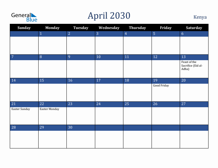 April 2030 Kenya Calendar (Sunday Start)