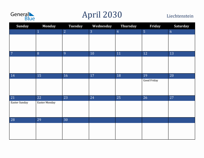 April 2030 Liechtenstein Calendar (Sunday Start)