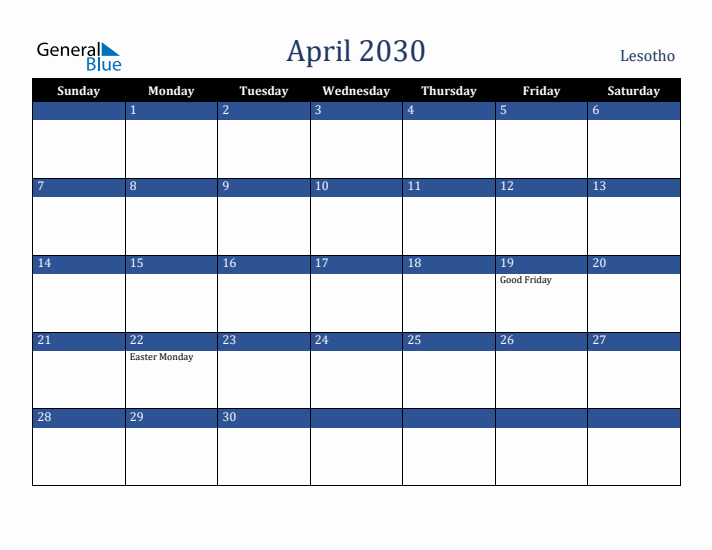 April 2030 Lesotho Calendar (Sunday Start)