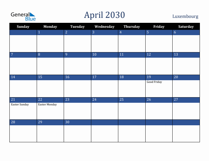 April 2030 Luxembourg Calendar (Sunday Start)