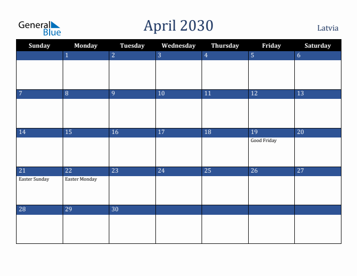 April 2030 Latvia Calendar (Sunday Start)