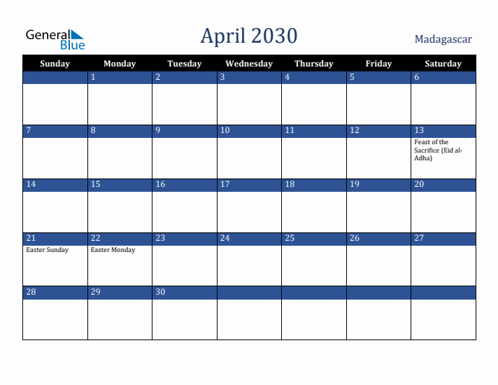April 2030 Madagascar Calendar (Sunday Start)