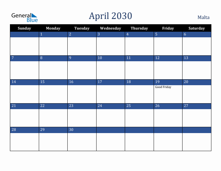 April 2030 Malta Calendar (Sunday Start)