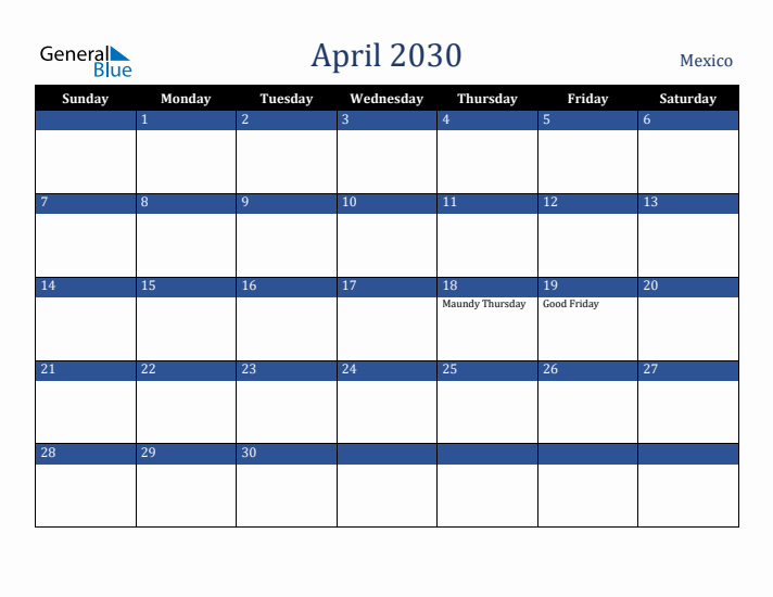 April 2030 Mexico Calendar (Sunday Start)