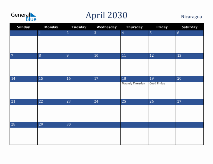 April 2030 Nicaragua Calendar (Sunday Start)