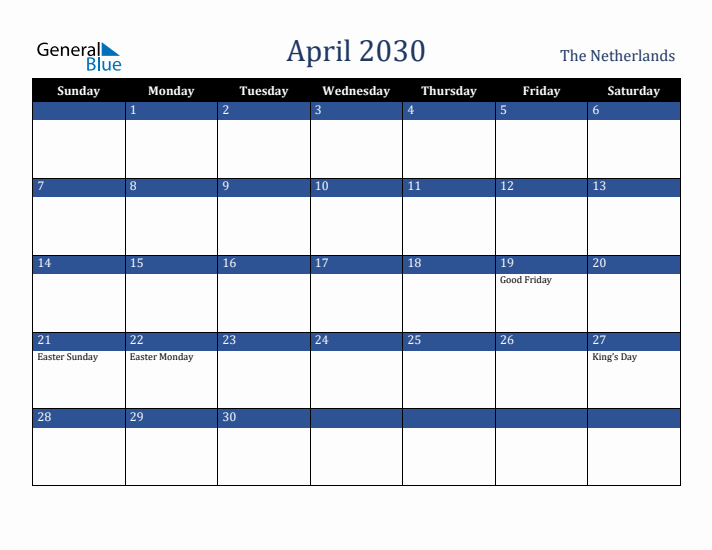 April 2030 The Netherlands Calendar (Sunday Start)