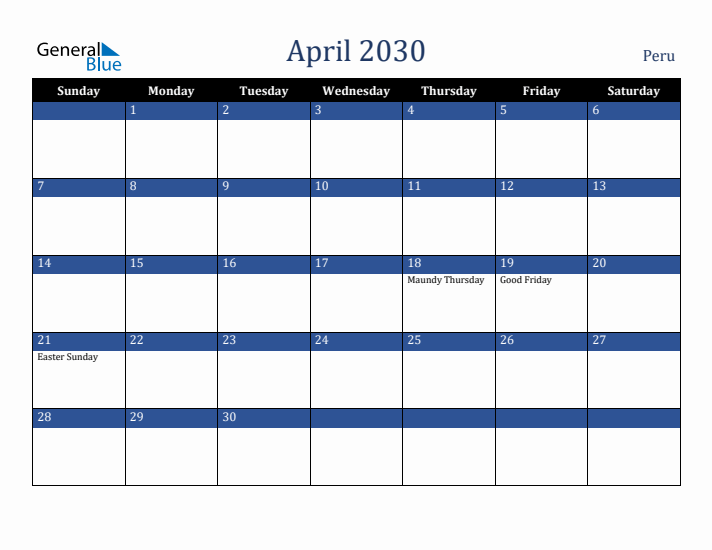 April 2030 Peru Calendar (Sunday Start)