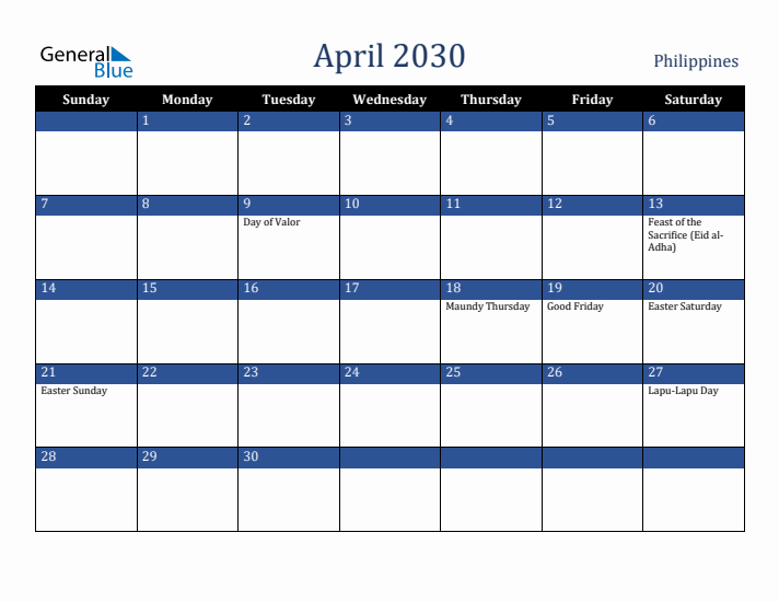 April 2030 Philippines Calendar (Sunday Start)