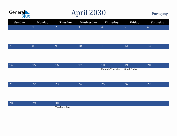 April 2030 Paraguay Calendar (Sunday Start)