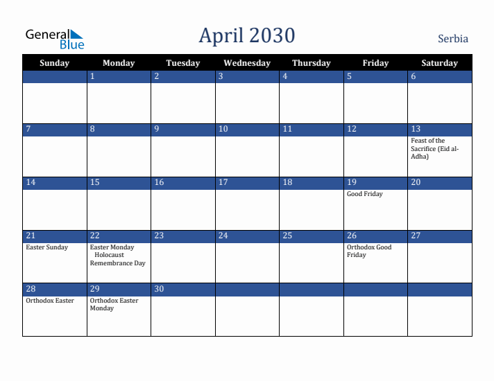 April 2030 Serbia Calendar (Sunday Start)