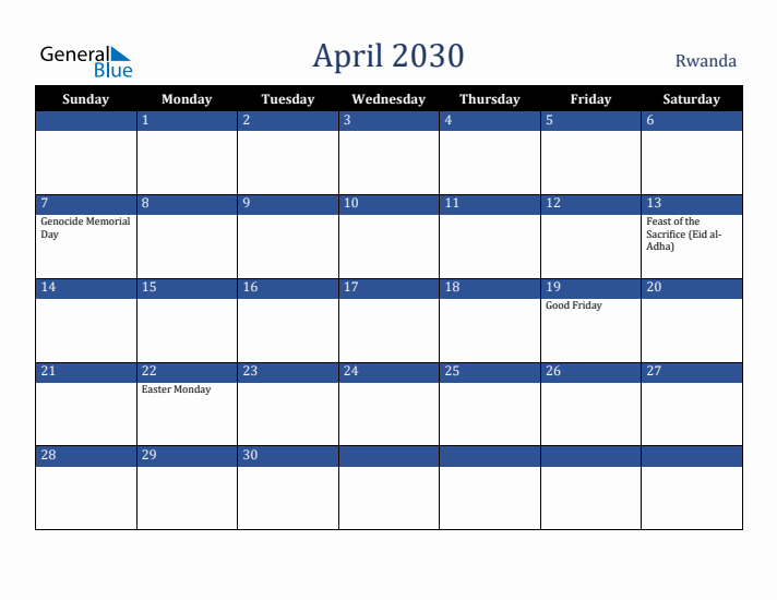 April 2030 Rwanda Calendar (Sunday Start)