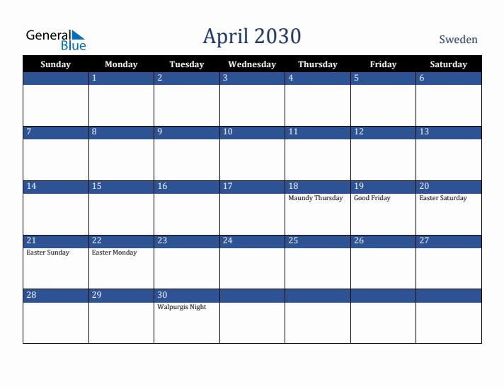 April 2030 Sweden Calendar (Sunday Start)