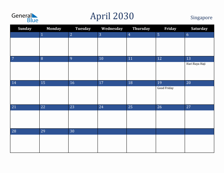 April 2030 Singapore Calendar (Sunday Start)