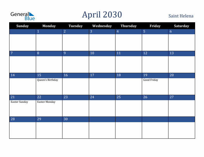 April 2030 Saint Helena Calendar (Sunday Start)