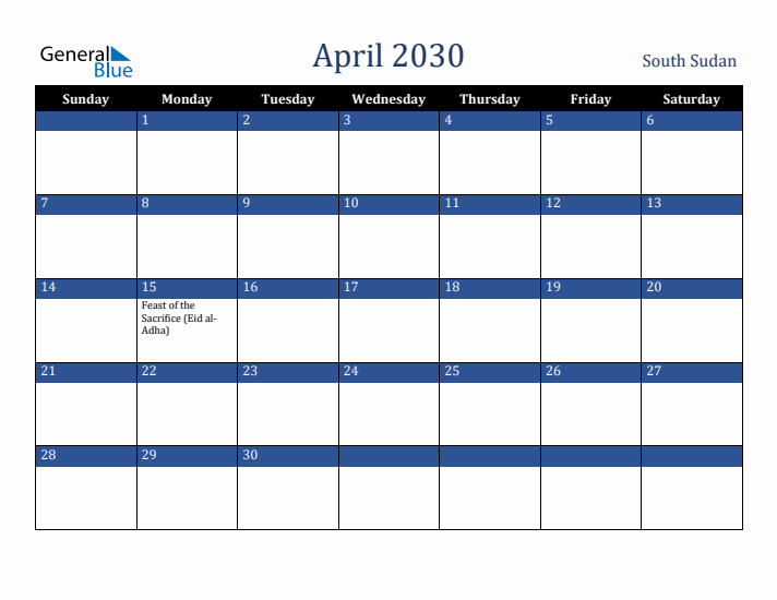 April 2030 South Sudan Calendar (Sunday Start)