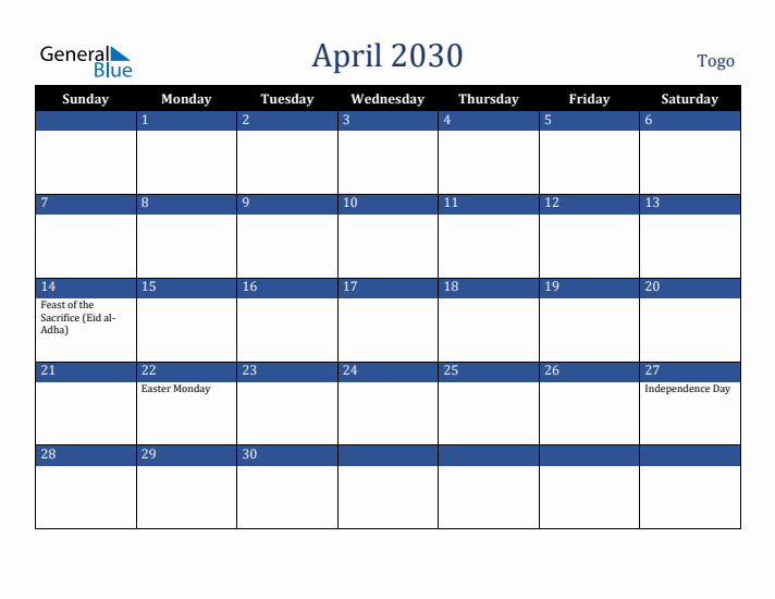April 2030 Togo Calendar (Sunday Start)