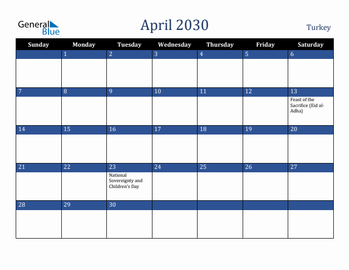 April 2030 Turkey Calendar (Sunday Start)