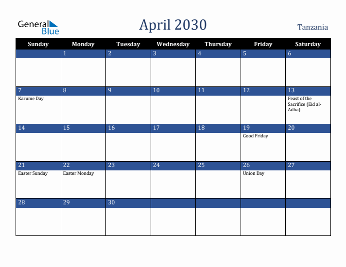 April 2030 Tanzania Calendar (Sunday Start)