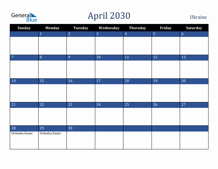 April 2030 Ukraine Calendar (Sunday Start)