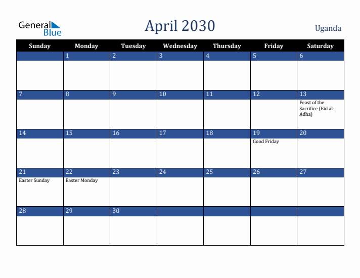 April 2030 Uganda Calendar (Sunday Start)