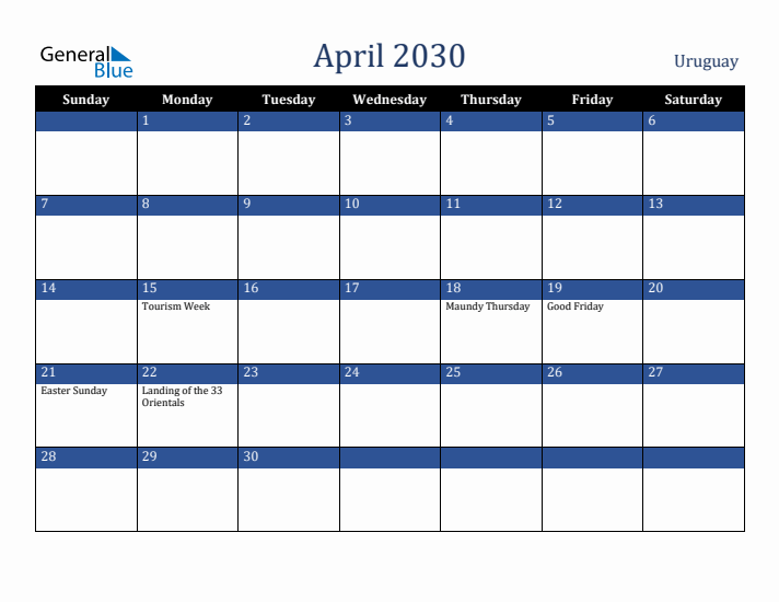 April 2030 Uruguay Calendar (Sunday Start)