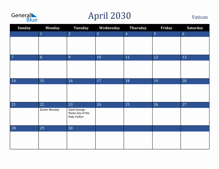 April 2030 Vatican Calendar (Sunday Start)