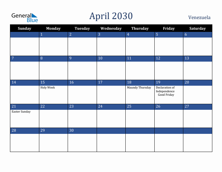 April 2030 Venezuela Calendar (Sunday Start)