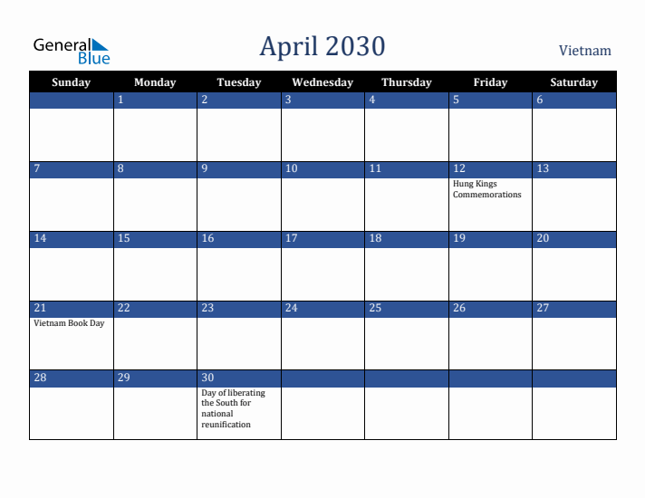 April 2030 Vietnam Calendar (Sunday Start)