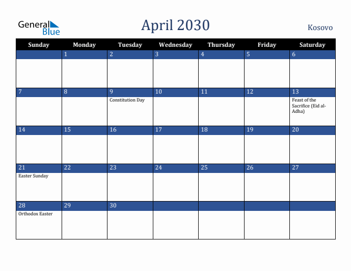 April 2030 Kosovo Calendar (Sunday Start)
