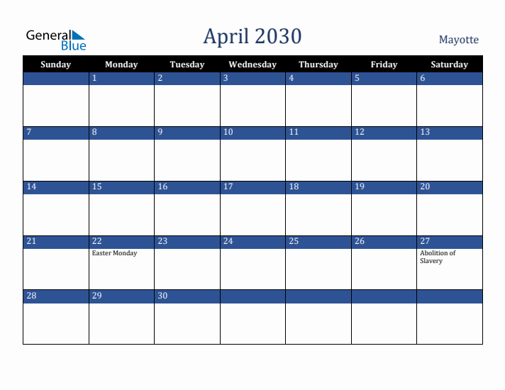 April 2030 Mayotte Calendar (Sunday Start)