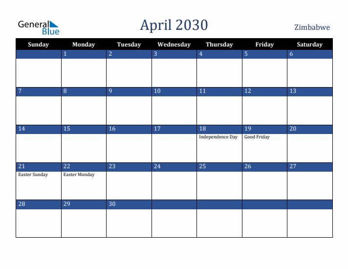 April 2030 Zimbabwe Calendar (Sunday Start)