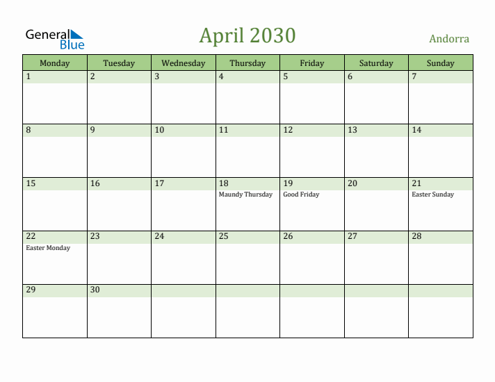 April 2030 Calendar with Andorra Holidays
