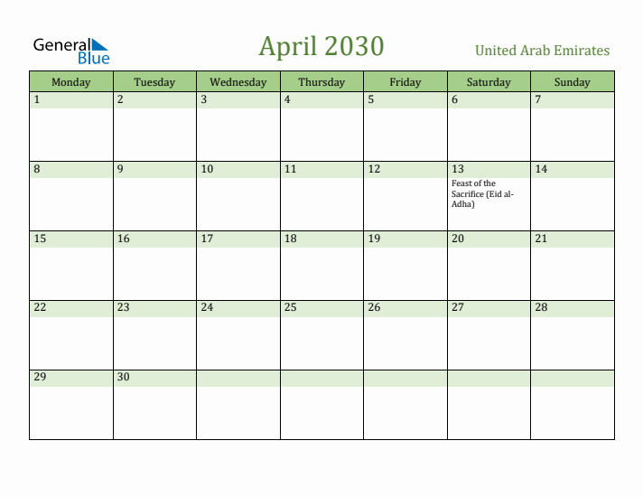 April 2030 Calendar with United Arab Emirates Holidays
