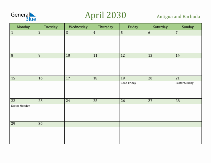 April 2030 Calendar with Antigua and Barbuda Holidays