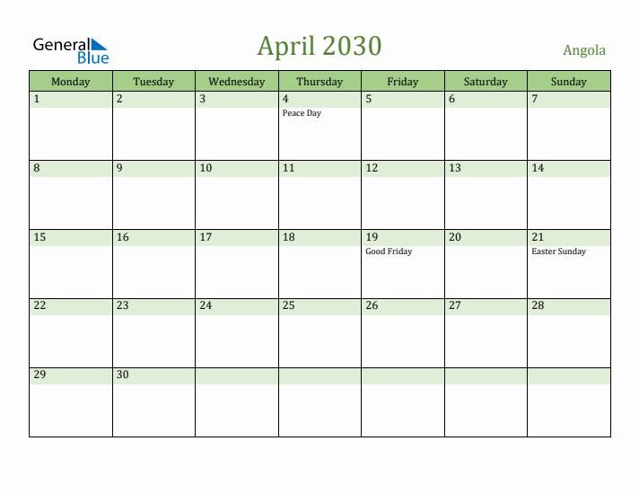 April 2030 Calendar with Angola Holidays