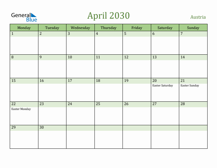 April 2030 Calendar with Austria Holidays