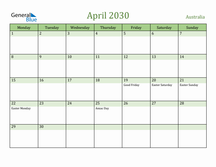 April 2030 Calendar with Australia Holidays