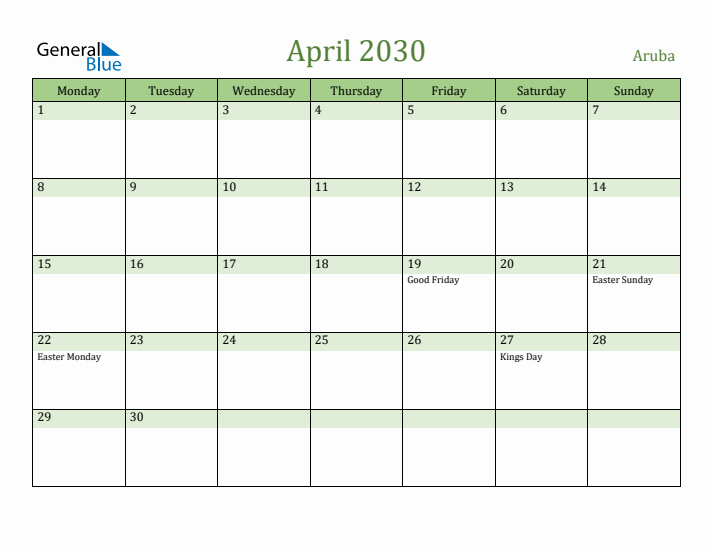 April 2030 Calendar with Aruba Holidays