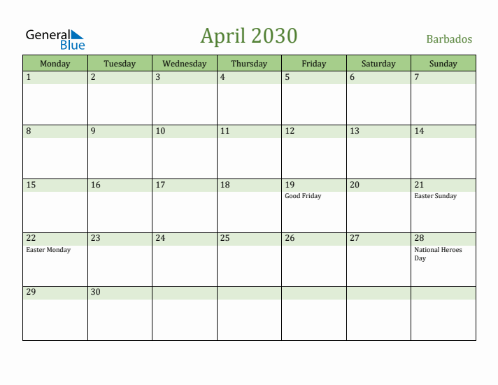 April 2030 Calendar with Barbados Holidays
