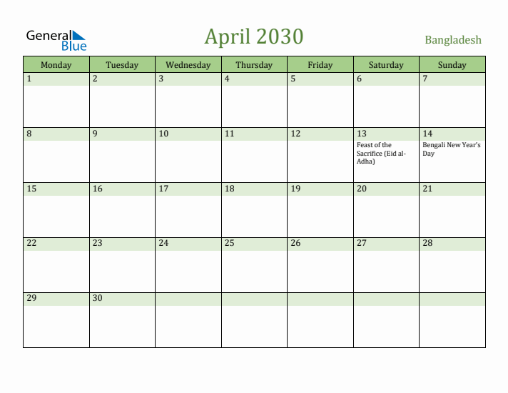 April 2030 Calendar with Bangladesh Holidays