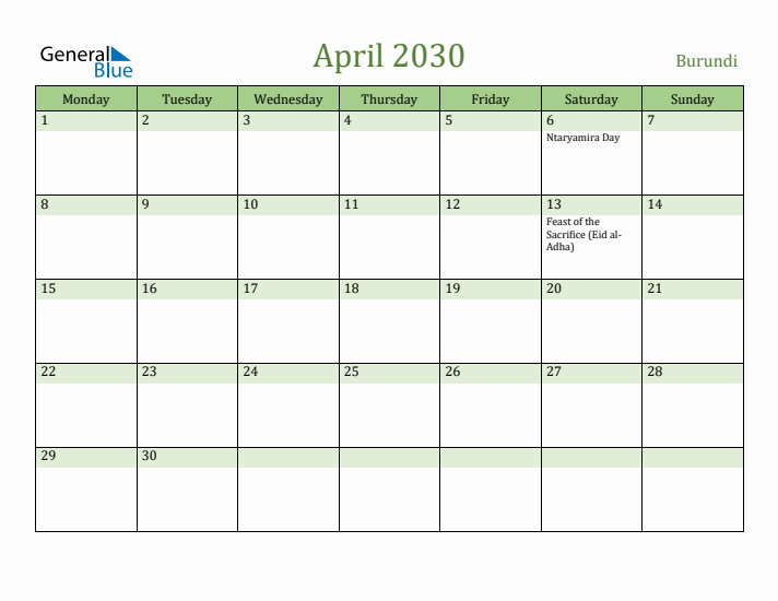 April 2030 Calendar with Burundi Holidays