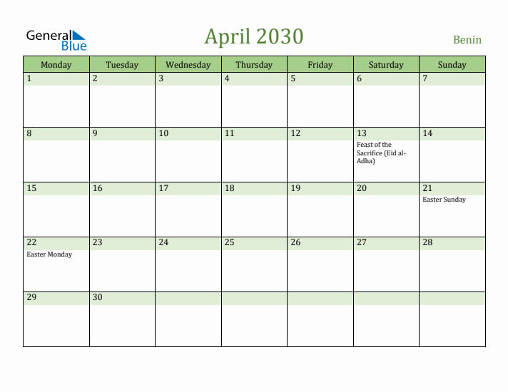 April 2030 Calendar with Benin Holidays